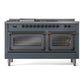 ILVE Nostalgie II 60-Inch Dual Fuel Range with 7 Sealed Burners + Griddle + French Top, 5.8 cu. ft. Oven, Blue Grey with Burnished Trim, Natural Gas, Triple Glass Door, UN60FSNMPBGB