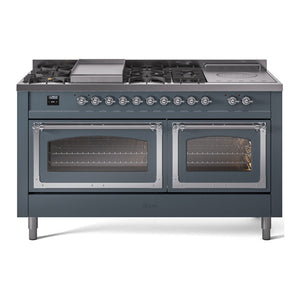 ILVE Nostalgie II 60-Inch Dual Fuel Range with 7 Sealed Burners + Griddle + French Top, 5.8 cu. ft. Oven, Blue Grey with Chrome Trim, Liquid Propane, Triple Glass Door, UN60FSNMPBGCLP