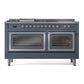 ILVE Nostalgie II 60-Inch Dual Fuel Range with 7 Sealed Burners + Griddle + French Top, 5.8 cu. ft. Oven, Blue Grey with Chrome Trim, Liquid Propane, Triple Glass Door, UN60FSNMPBGCLP