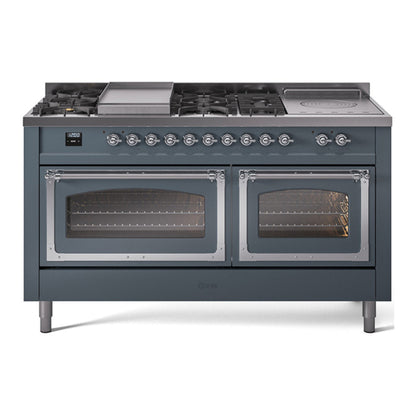 ILVE Nostalgie II 60-Inch Dual Fuel Range with 7 Sealed Burners + Griddle + French Top, 5.8 cu. ft. Oven, Blue Grey with Chrome Trim, Natural Gas, Triple Glass Door, UN60FSNMPBGC