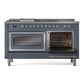 ILVE Nostalgie II 60-Inch Dual Fuel Range with 7 Sealed Burners + Griddle + French Top, 5.8 cu. ft. Oven, Blue Grey with Chrome Trim, Natural Gas, Triple Glass Door, UN60FSNMPBGC