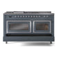 ILVE Nostalgie II 60-Inch Dual Fuel Range with 7 Sealed Burners + Griddle + French Top, 5.8 cu. ft. Oven, Blue Grey with Chrome Trim, Natural Gas, Triple Glass Door, UN60FSNMPBGC