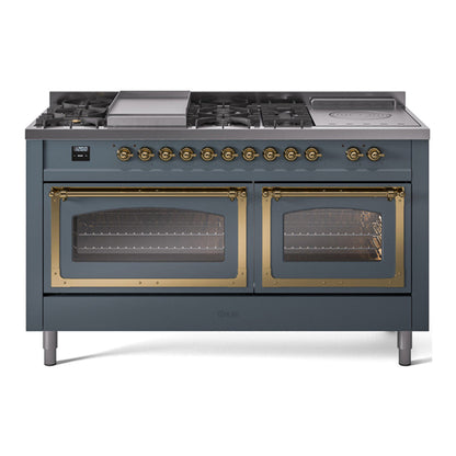 ILVE Nostalgie II 60-Inch Dual Fuel Range with 7 Sealed Burners + Griddle + French Top, 5.8 cu. ft. Oven, Blue Grey with Brass Trim, Liquid Propane, Triple Glass Door, UN60FSNMPBGGLP