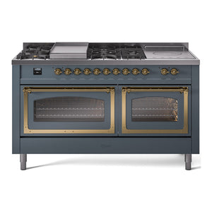 ILVE Nostalgie II 60-Inch Dual Fuel Range with 7 Sealed Burners + Griddle + French Top, 5.8 cu. ft. Oven, Blue Grey with Brass Trim, Natural Gas, Triple Glass Door, UN60FSNMPBGG