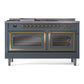 ILVE Nostalgie II 60-Inch Dual Fuel Range with 7 Sealed Burners + Griddle + French Top, 5.8 cu. ft. Oven, Blue Grey with Brass Trim, Natural Gas, Triple Glass Door, UN60FSNMPBGG