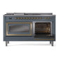ILVE Nostalgie II 60-Inch Dual Fuel Range with 7 Sealed Burners + Griddle + French Top, 5.8 cu. ft. Oven, Blue Grey with Brass Trim, Natural Gas, Triple Glass Door, UN60FSNMPBGG