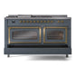 ILVE Nostalgie II 60-Inch Dual Fuel Range with 7 Sealed Burners + Griddle + French Top, 5.8 cu. ft. Oven, Blue Grey with Brass Trim, Natural Gas, Triple Glass Door, UN60FSNMPBGG