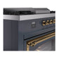 ILVE Nostalgie II 60-Inch Dual Fuel Range with 7 Sealed Burners + Griddle + French Top, 5.8 cu. ft. Oven, Blue Grey with Brass Trim, Natural Gas, Triple Glass Door, UN60FSNMPBGG