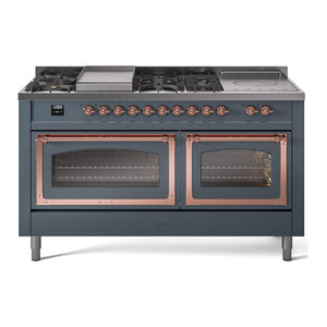 ILVE Nostalgie II 60-Inch Dual Fuel Range with 7 Sealed Burners + Griddle + French Top, 5.8 cu. ft. Oven, Blue Grey with Copper Trim, Liquid Propane, Triple Glass Door, UN60FSNMPBGPLP