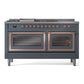 ILVE Nostalgie II 60-Inch Dual Fuel Range with 7 Sealed Burners + Griddle + French Top, 5.8 cu. ft. Oven, Blue Grey with Copper Trim, Liquid Propane, Triple Glass Door, UN60FSNMPBGPLP