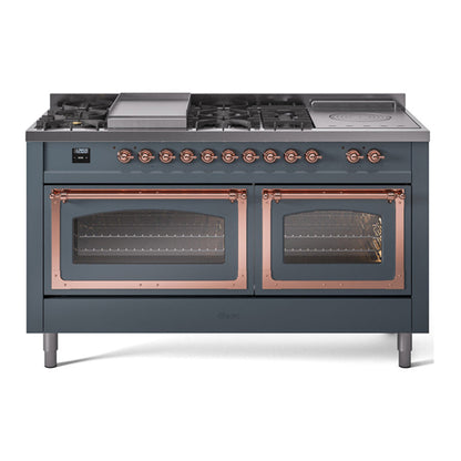 ILVE Nostalgie II 60-Inch Dual Fuel Range with 7 Sealed Burners + Griddle + French Top, 5.8 cu. ft. Oven, Blue Grey with Copper Trim, Natural Gas, Triple Glass Door, UN60FSNMPBGP