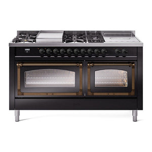 ILVE Nostalgie II 60-Inch Dual Fuel Range with 7 Sealed Burners + Griddle + French Top, 5.8 cu. ft. Oven, Glossy Black with Burnished Trim, Natural Gas, Triple Glass Door, UN60FSNMPBKB