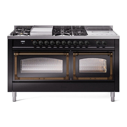 ILVE Nostalgie II 60-Inch Dual Fuel Range with 7 Sealed Burners + Griddle + French Top, 5.8 cu. ft. Oven, Glossy Black with Burnished Trim, Natural Gas, Triple Glass Door, UN60FSNMPBKB