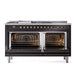 ILVE Nostalgie II 60-Inch Dual Fuel Range with 7 Sealed Burners + Griddle + French Top, 5.8 cu. ft. Oven, Glossy Black with Burnished Trim, Natural Gas, Triple Glass Door, UN60FSNMPBKB