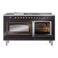 ILVE Nostalgie II 60-Inch Dual Fuel Range with 7 Sealed Burners + Griddle + French Top, 5.8 cu. ft. Oven, Glossy Black with Burnished Trim, Natural Gas, Triple Glass Door, UN60FSNMPBKB