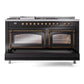 ILVE Nostalgie II 60-Inch Dual Fuel Range with 7 Sealed Burners + Griddle + French Top, 5.8 cu. ft. Oven, Glossy Black with Burnished Trim, Natural Gas, Triple Glass Door, UN60FSNMPBKB