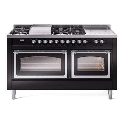 ILVE Nostalgie II 60-Inch Dual Fuel Range with 7 Sealed Burners + Griddle + French Top, 5.8 cu. ft. Oven, Glossy Black with Chrome Trim, Liquid Propane, Triple Glass Door, UN60FSNMPBKCLP