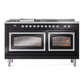 ILVE Nostalgie II 60-Inch Dual Fuel Range with 7 Sealed Burners + Griddle + French Top, 5.8 cu. ft. Oven, Glossy Black with Chrome Trim, Liquid Propane, Triple Glass Door, UN60FSNMPBKCLP