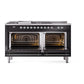 ILVE Nostalgie II 60-Inch Dual Fuel Range with 7 Sealed Burners + Griddle + French Top, 5.8 cu. ft. Oven, Glossy Black with Chrome Trim, Liquid Propane, Triple Glass Door, UN60FSNMPBKCLP