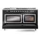 ILVE Nostalgie II 60-Inch Dual Fuel Range with 7 Sealed Burners + Griddle + French Top, 5.8 cu. ft. Oven, Glossy Black with Chrome Trim, Liquid Propane, Triple Glass Door, UN60FSNMPBKCLP