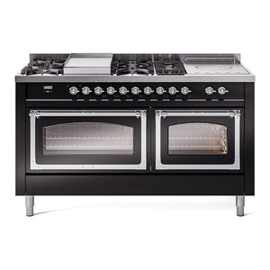 ILVE Nostalgie II 60-Inch Dual Fuel Range with 7 Sealed Burners + Griddle + French Top, 5.8 cu. ft. Oven, Glossy Black with Chrome Trim, Natural Gas, Triple Glass Door, UN60FSNMPBKC