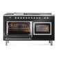 ILVE Nostalgie II 60-Inch Dual Fuel Range with 7 Sealed Burners + Griddle + French Top, 5.8 cu. ft. Oven, Glossy Black with Chrome Trim, Natural Gas, Triple Glass Door, UN60FSNMPBKC