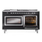 ILVE Nostalgie II 60-Inch Dual Fuel Range with 7 Sealed Burners + Griddle + French Top, 5.8 cu. ft. Oven, Glossy Black with Chrome Trim, Natural Gas, Triple Glass Door, UN60FSNMPBKC