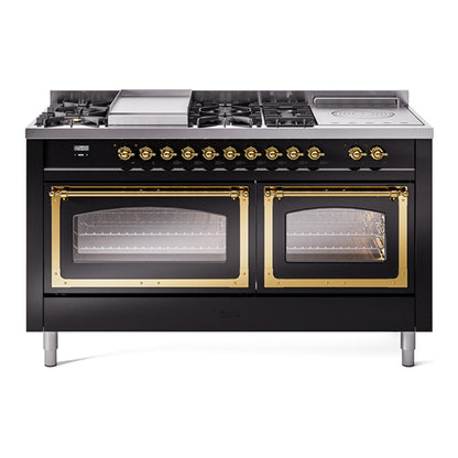 ILVE Nostalgie II 60-Inch Dual Fuel Range with 7 Sealed Burners + Griddle + French Top, 5.8 cu. ft. Oven, Glossy Black with Brass Trim, Liquid Propane, Triple Glass Door, UN60FSNMPBKGLP