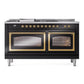 ILVE Nostalgie II 60-Inch Dual Fuel Range with 7 Sealed Burners + Griddle + French Top, 5.8 cu. ft. Oven, Glossy Black with Brass Trim, Liquid Propane, Triple Glass Door, UN60FSNMPBKGLP