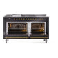 ILVE Nostalgie II 60-Inch Dual Fuel Range with 7 Sealed Burners + Griddle + French Top, 5.8 cu. ft. Oven, Glossy Black with Brass Trim, Natural Gas, Triple Glass Door, UN60FSNMPBKG