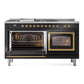 ILVE Nostalgie II 60-Inch Dual Fuel Range with 7 Sealed Burners + Griddle + French Top, 5.8 cu. ft. Oven, Glossy Black with Brass Trim, Natural Gas, Triple Glass Door, UN60FSNMPBKG