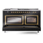 ILVE Nostalgie II 60-Inch Dual Fuel Range with 7 Sealed Burners + Griddle + French Top, 5.8 cu. ft. Oven, Glossy Black with Brass Trim, Natural Gas, Triple Glass Door, UN60FSNMPBKG