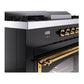ILVE Nostalgie II 60-Inch Dual Fuel Range with 7 Sealed Burners + Griddle + French Top, 5.8 cu. ft. Oven, Glossy Black with Brass Trim, Natural Gas, Triple Glass Door, UN60FSNMPBKG