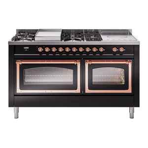 ILVE Nostalgie II 60-Inch Dual Fuel Range with 7 Sealed Burners + Griddle + French Top, 5.8 cu. ft. Oven, Glossy Black with Copper Trim, Liquid Propane, Triple Glass Door, UN60FSNMPBKPLP