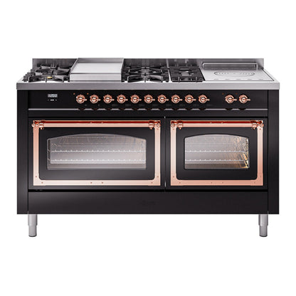 ILVE Nostalgie II 60-Inch Dual Fuel Range with 7 Sealed Burners + Griddle + French Top, 5.8 cu. ft. Oven, Glossy Black with Copper Trim, Liquid Propane, Triple Glass Door, UN60FSNMPBKPLP