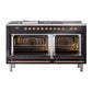 ILVE Nostalgie II 60-Inch Dual Fuel Range with 7 Sealed Burners + Griddle + French Top, 5.8 cu. ft. Oven, Glossy Black with Copper Trim, Liquid Propane, Triple Glass Door, UN60FSNMPBKPLP