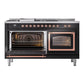 ILVE Nostalgie II 60-Inch Dual Fuel Range with 7 Sealed Burners + Griddle + French Top, 5.8 cu. ft. Oven, Glossy Black with Copper Trim, Natural Gas, Triple Glass Door, UN60FSNMPBKP