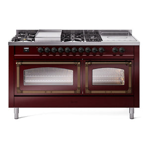 ILVE Nostalgie II 60-Inch Dual Fuel Range with 7 Sealed Burners + Griddle + French Top, 5.8 cu. ft. Oven, Burgundy with Burnished Trim, Liquid Propane, Triple Glass Door, UN60FSNMPBUBLP