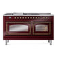 ILVE Nostalgie II 60-Inch Dual Fuel Range with 7 Sealed Burners + Griddle + French Top, 5.8 cu. ft. Oven, Burgundy with Burnished Trim, Liquid Propane, Triple Glass Door, UN60FSNMPBUBLP