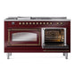 ILVE Nostalgie II 60-Inch Dual Fuel Range with 7 Sealed Burners + Griddle + French Top, 5.8 cu. ft. Oven, Burgundy with Burnished Trim, Natural Gas, Triple Glass Door, UN60FSNMPBUB