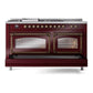 ILVE Nostalgie II 60-Inch Dual Fuel Range with 7 Sealed Burners + Griddle + French Top, 5.8 cu. ft. Oven, Burgundy with Burnished Trim, Natural Gas, Triple Glass Door, UN60FSNMPBUB