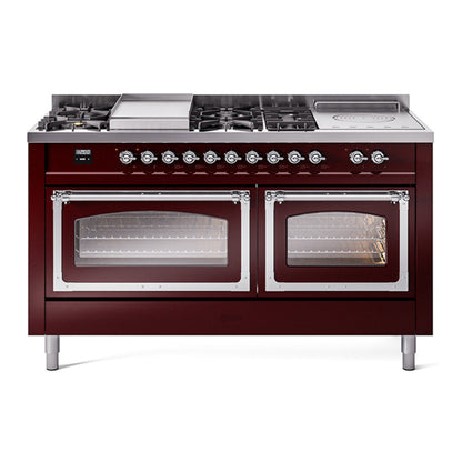 ILVE Nostalgie II 60-Inch Dual Fuel Range with 7 Sealed Burners + Griddle + French Top, 5.8 cu. ft. Oven, Burgundy with Chrome Trim, Liquid Propane, Triple Glass Door, UN60FSNMPBUCLP