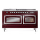 ILVE Nostalgie II 60-Inch Dual Fuel Range with 7 Sealed Burners + Griddle + French Top, 5.8 cu. ft. Oven, Burgundy with Chrome Trim, Liquid Propane, Triple Glass Door, UN60FSNMPBUCLP