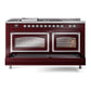ILVE Nostalgie II 60-Inch Dual Fuel Range with 7 Sealed Burners + Griddle + French Top, 5.8 cu. ft. Oven, Burgundy with Chrome Trim, Liquid Propane, Triple Glass Door, UN60FSNMPBUCLP