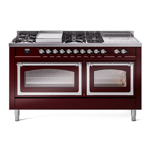 ILVE Nostalgie II 60-Inch Dual Fuel Range with 7 Sealed Burners + Griddle + French Top, 5.8 cu. ft. Oven, Burgundy with Chrome Trim, Natural Gas, Triple Glass Door, UN60FSNMPBUC
