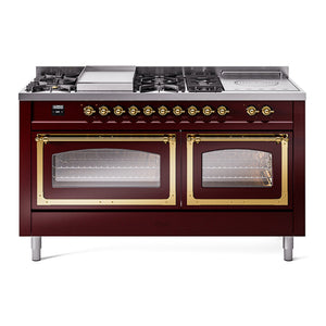ILVE Nostalgie II 60-Inch Dual Fuel Range with 7 Sealed Burners + Griddle + French Top, 5.8 cu. ft. Oven, Burgundy with Brass Trim, Natural Gas, Triple Glass Door, UN60FSNMPBUG