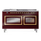 ILVE Nostalgie II 60-Inch Dual Fuel Range with 7 Sealed Burners + Griddle + French Top, 5.8 cu. ft. Oven, Burgundy with Brass Trim, Natural Gas, Triple Glass Door, UN60FSNMPBUG