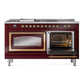 ILVE Nostalgie II 60-Inch Dual Fuel Range with 7 Sealed Burners + Griddle + French Top, 5.8 cu. ft. Oven, Burgundy with Brass Trim, Natural Gas, Triple Glass Door, UN60FSNMPBUG