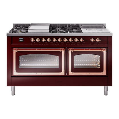 ILVE Nostalgie II 60-Inch Dual Fuel Range with 7 Sealed Burners + Griddle + French Top, 5.8 cu. ft. Oven, Burgundy with Copper Trim, Natural Gas, Triple Glass Door, UN60FSNMPBUP