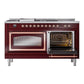 ILVE Nostalgie II 60-Inch Dual Fuel Range with 7 Sealed Burners + Griddle + French Top, 5.8 cu. ft. Oven, Burgundy with Copper Trim, Natural Gas, Triple Glass Door, UN60FSNMPBUP